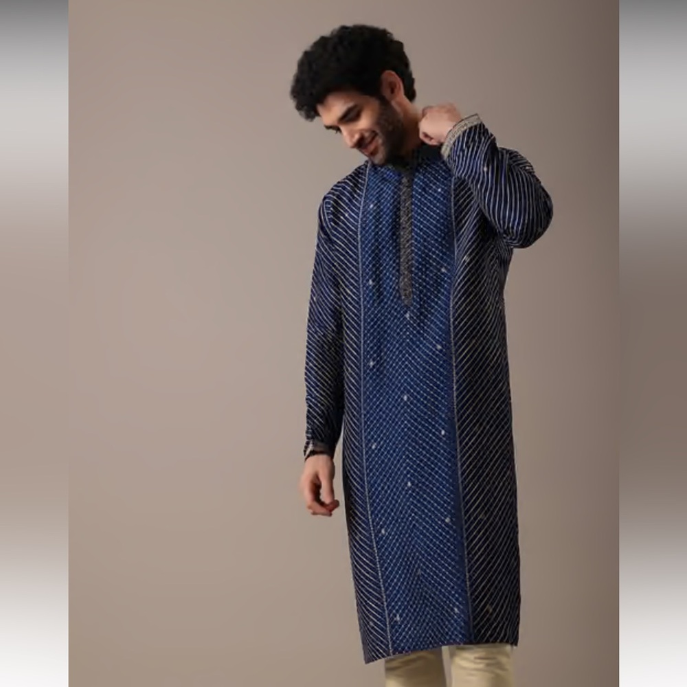 Blue Silk Lehariya Print Kurta Set - Size 40